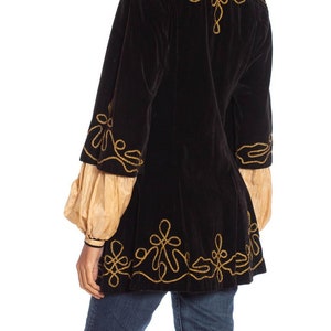 1900S Antique Black Cotton Velvet Medieval Theatrical Costume Jacket With Gold Braid Details image 5