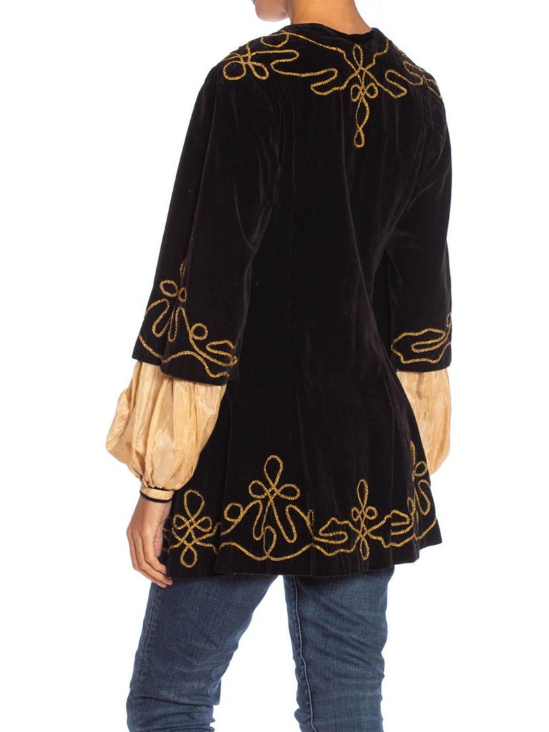 1900S Antique Black Cotton Velvet Medieval Theatrical Costume Jacket With Gold Braid Details image 5