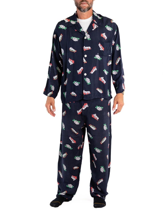 1940S Navy Cold Rayon Let Sleeping Dogs Lie Novelty Print Mens Pajamas Etsy UK