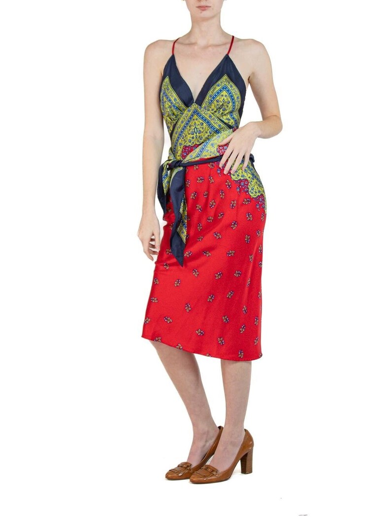 Morphew Collection Navy Blue, Lime Green Red Silk Twill Floral Ditsy Print Scarf Dress Made From Vintage Scarves Bild 1