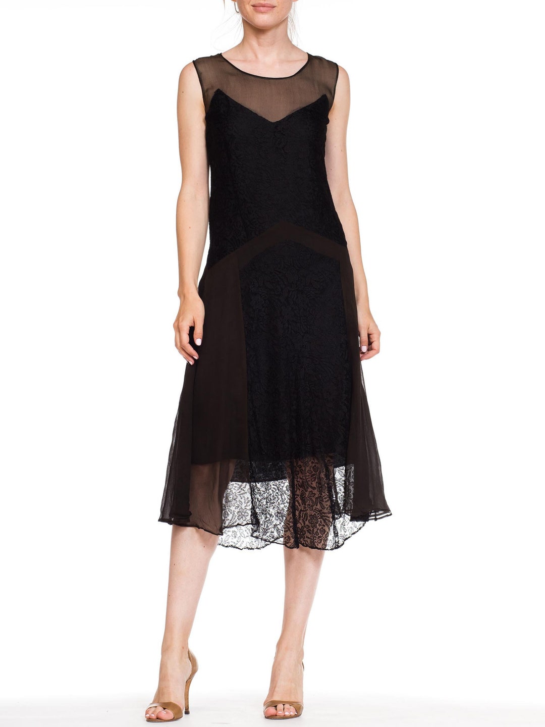 1920S Black Silk Chiffon & Lace Art Deco Flapper Cocktail Dress - Etsy
