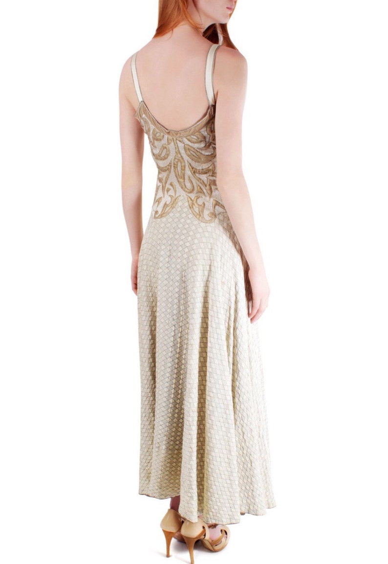 1940S Champagne Rayon & Silk Silver Lamé Jacquard Quilted Gown With Appliqué Bodice image 3