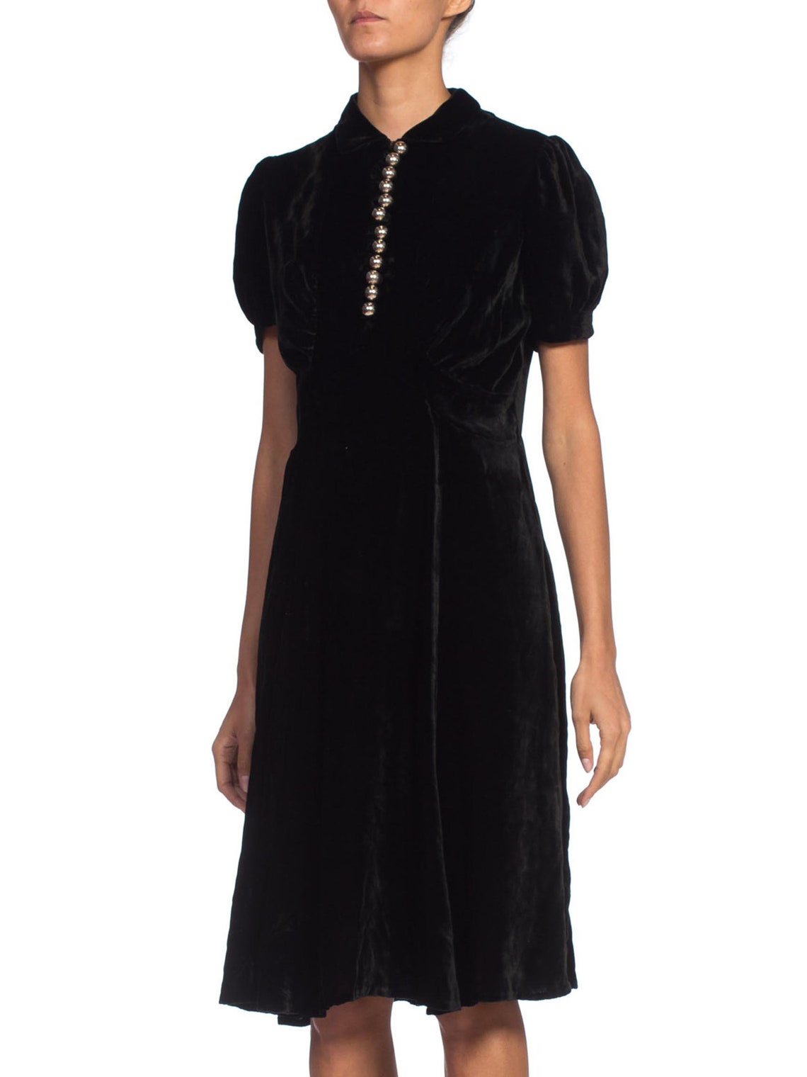 1930S Black Bias Cut Silk Velvet Dress With Fab Silver Buttons & Puff ...