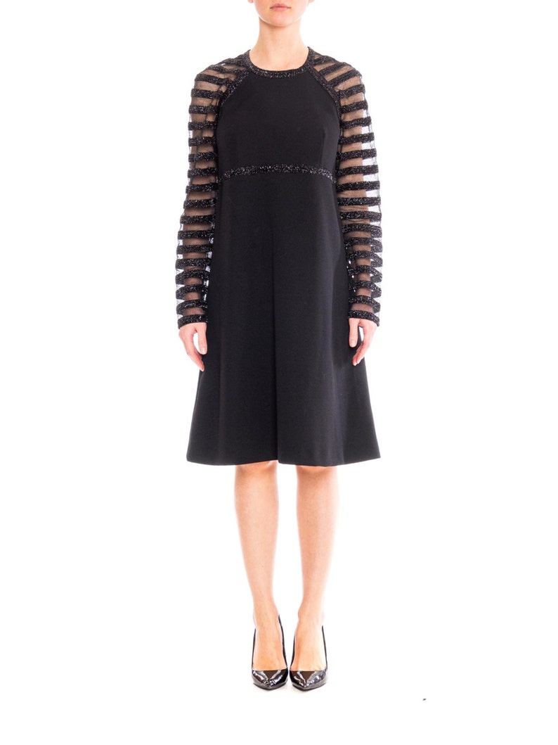 1960S JACQUELINE VANOYE Black Polyester Knit MOD Cocktail Dress With Mesh Lurex Stripe Sleeves image 1