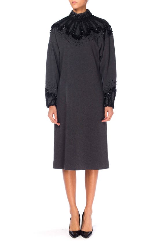 1980S Dark Grey Wool Knit Turtleneck  Dress With … - image 1