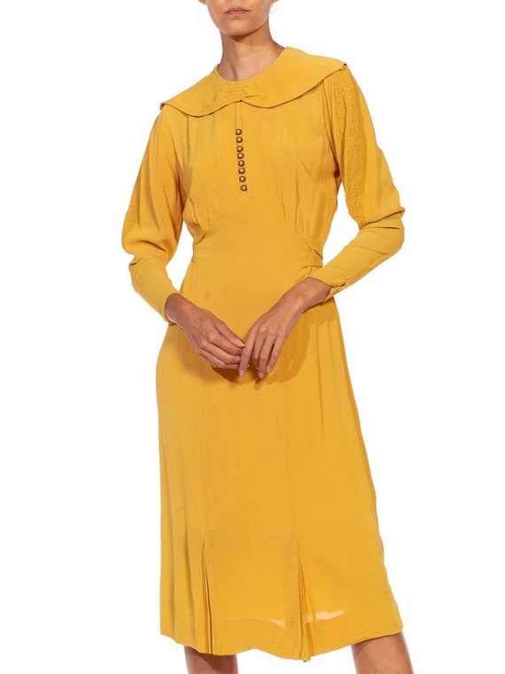 1930S Mustard Yellow Rayon Crepe Caplet Dress Wit… - image 4