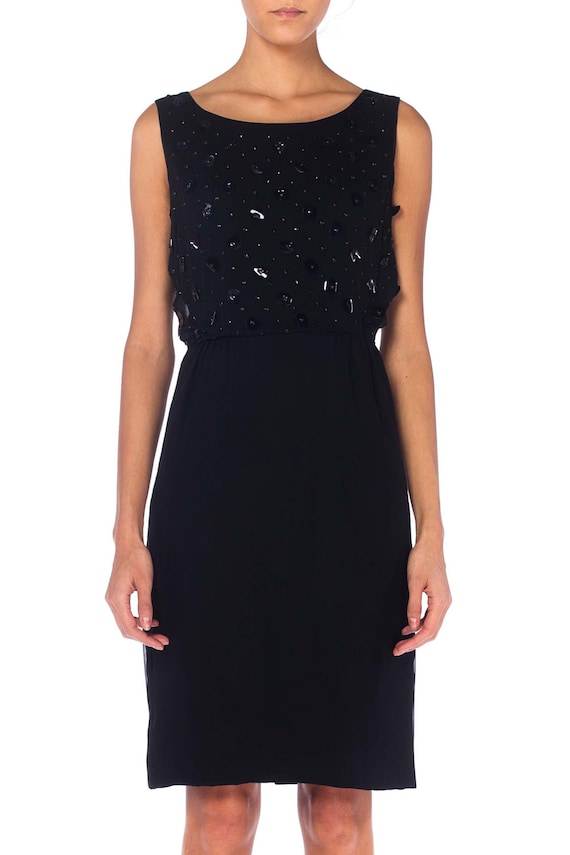 1950S Black Silk Chiffon Cocktail  Dress With Seq… - image 1