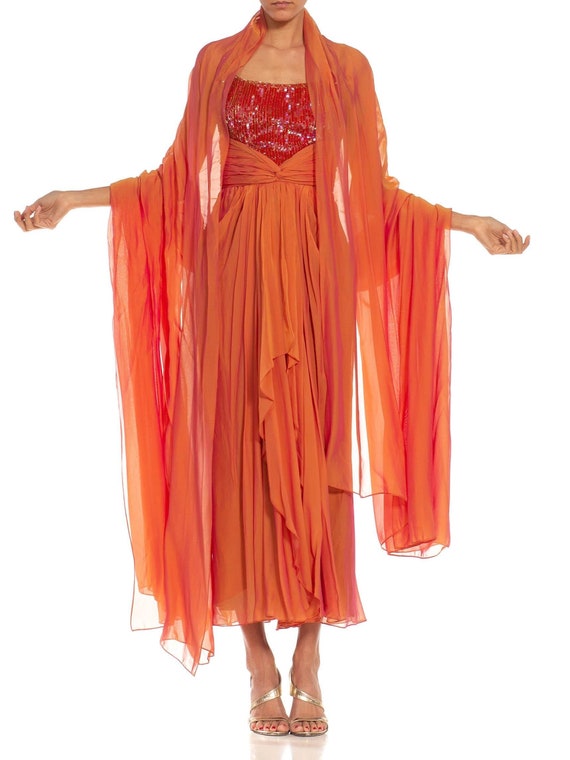 1980s Bob Mackie Golden Orange Irridescent Silk Chiffon Beaded Gown with Matching Shawl