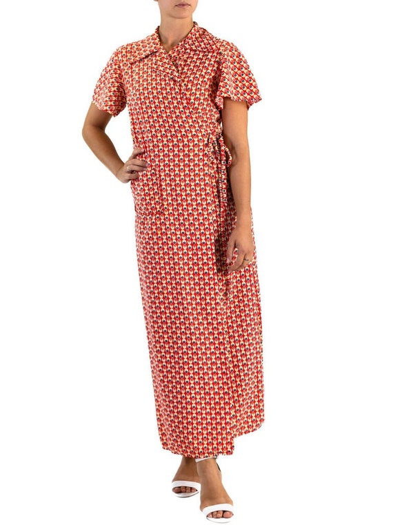 1940S Red Cotton Yellow Dot Print Wrap House Dress - image 5