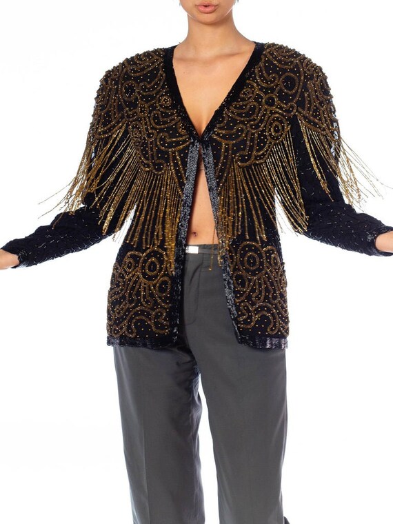 1980S Black  Gold Silk Beaded Fringe Jacket - image 7