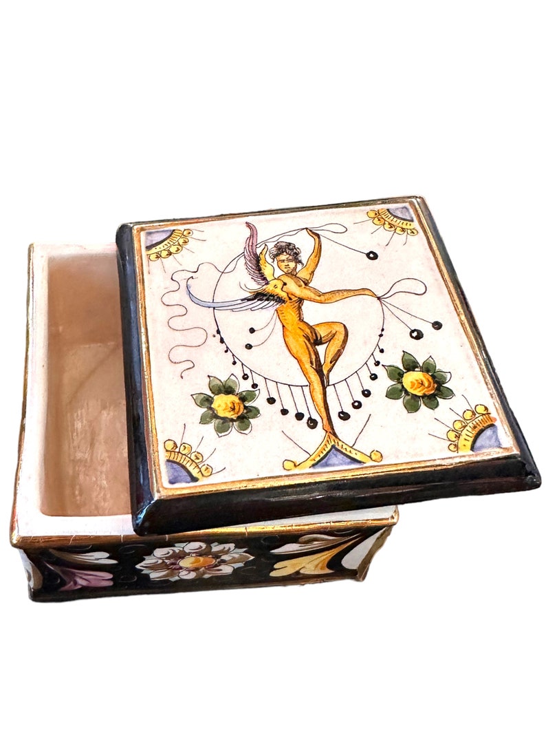 Morphew Abode 1950S White Italian Cermanic Handpainted Angel With Flowers Box Matching Saucers image 2