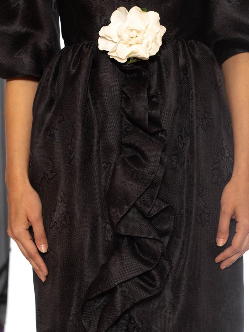 1980S Givenchy Haute Couture Silk Poof Sleeved Ruffled Cocktail Dress With A White Flower image 10