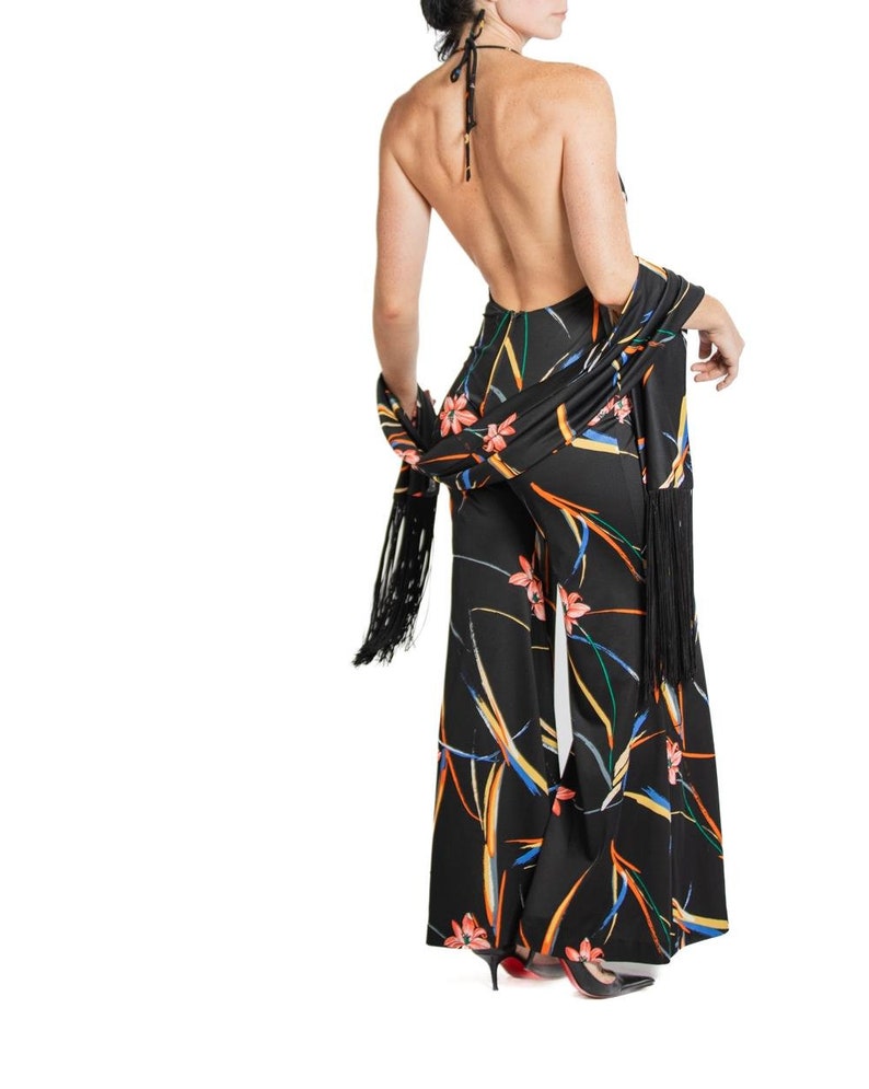 1970S Black & Tropical Rayon Jumpsuit With Matching Shawl image 9