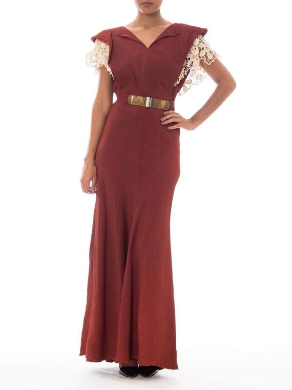 1930S Russet Brown Bias Cut Rayon Blend Crepe Plis