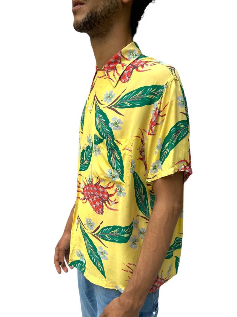 1940S Blocks Yellow Tropical Rayon Silk Crabs Shirt image 4