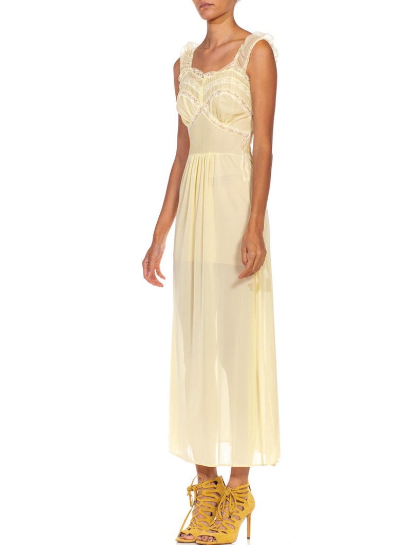 1940S Butter Yellow Rayon Lace Trim Negligee image 3