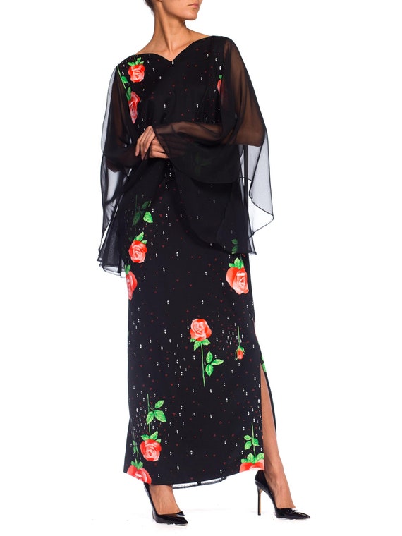 1970S Black Polyester Jersey Rose Print Maxi Dres… - image 4