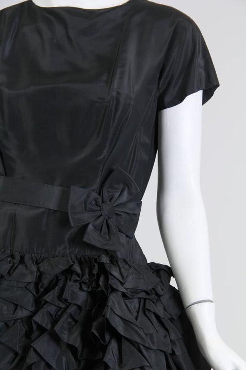 1950S PAULA WHITNEY Black Haute Couture Silk Taffeta Amazing Ruffled Poof Ball Skirt Cocktail Dress image 9