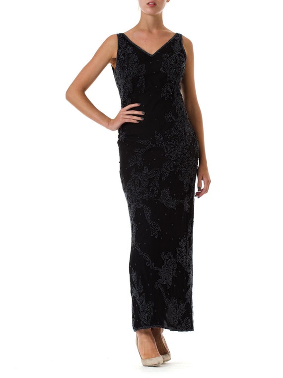 1990S Black Beaded Silk Chiffon Sleeveless Gown
