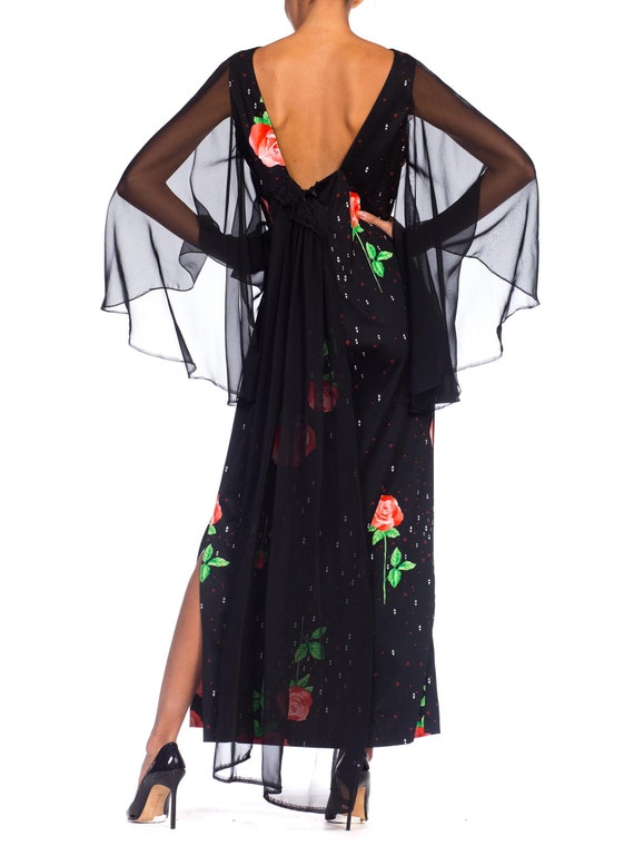 1970S Black Polyester Jersey Rose Print Maxi Dres… - image 9