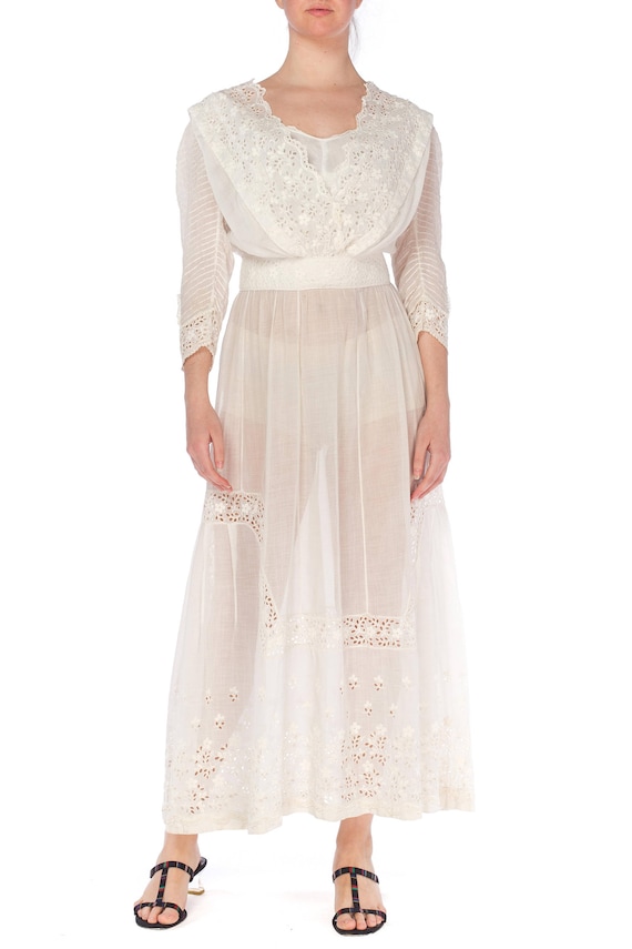 1900S White Cotton Lawn & Edwardian Eyelet Lace D… - image 1