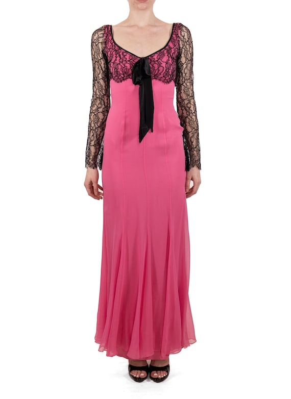 1990S Hot Pink Black Silk Chiffon Lace Long Sleeve Gown - Etsy