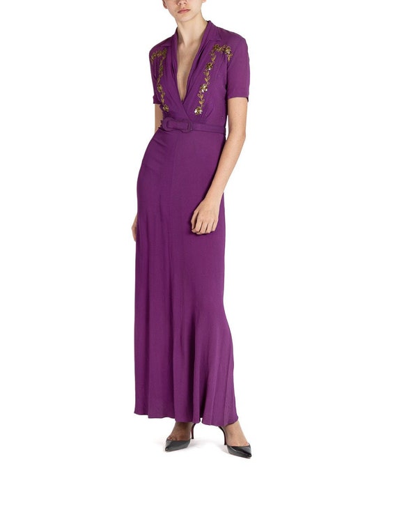 1930S Purple Rayon Crepe Dress With Belt & Gold S… - image 3