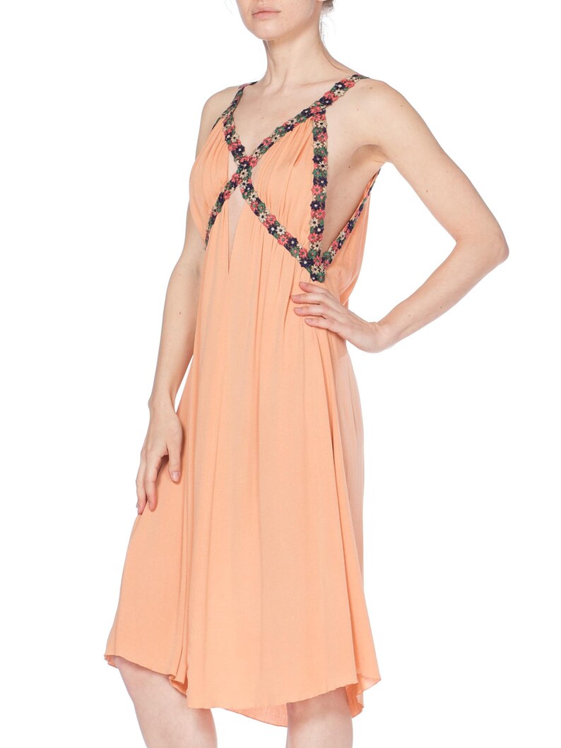 MORPHEW COLLECTION Peach Silk Jersey Dress With Cutout Front & 1930S Floral Trim image 5