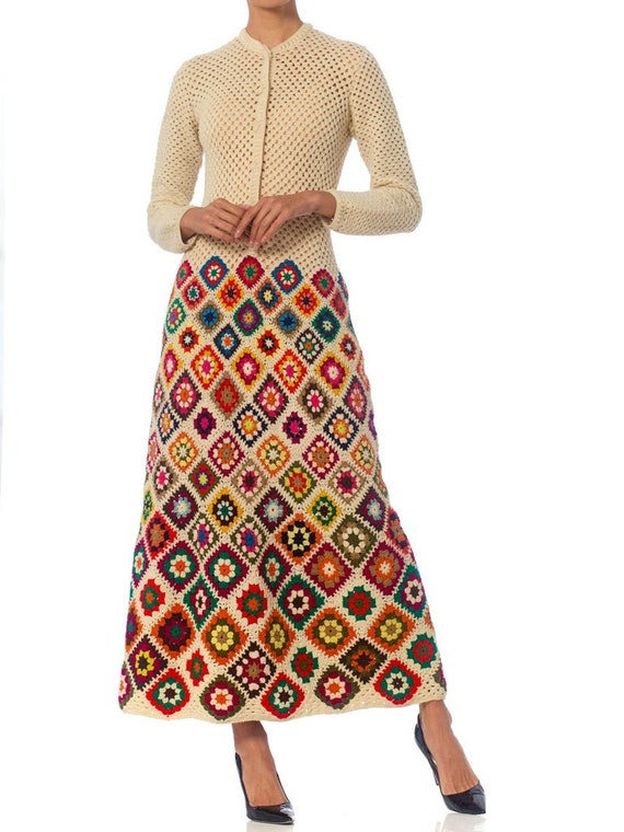 1970S Rainbow Hand Knit  Wool Crochet Maxi Dress - image 8