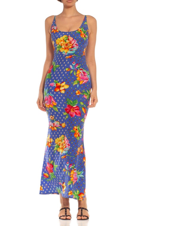 1990S Versace Blue Floral Silk Dress