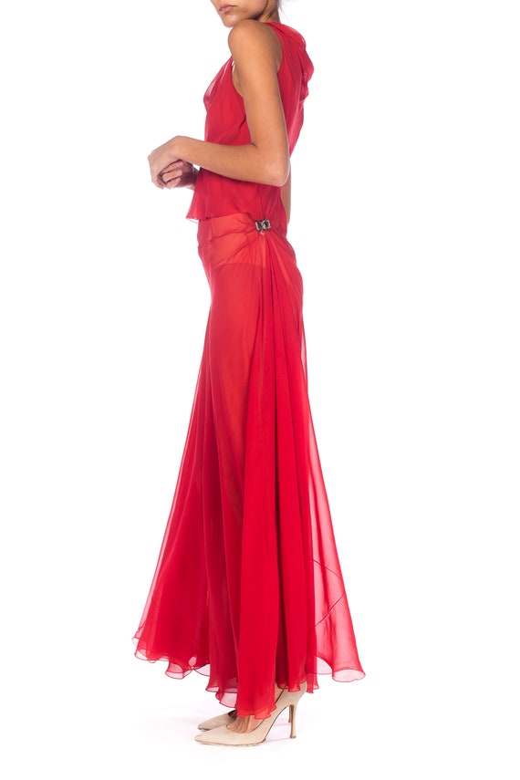1930S Red Sheer Silk Chiffon Bias-Cut Gown With D… - image 7