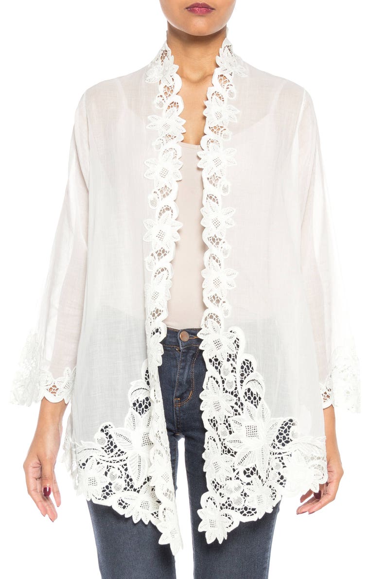 1970S White Sheer Cotton Voile Fine Lace Trimmed Jacket Etsy