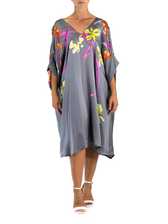 1990S Grey Silk Charmeuse Tropical Floral Tunic Dr