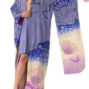 1970'S Japanese Shibori Hand Dyed Ombre Blue To Purple Silk Gold Embroidered Kimono image 5