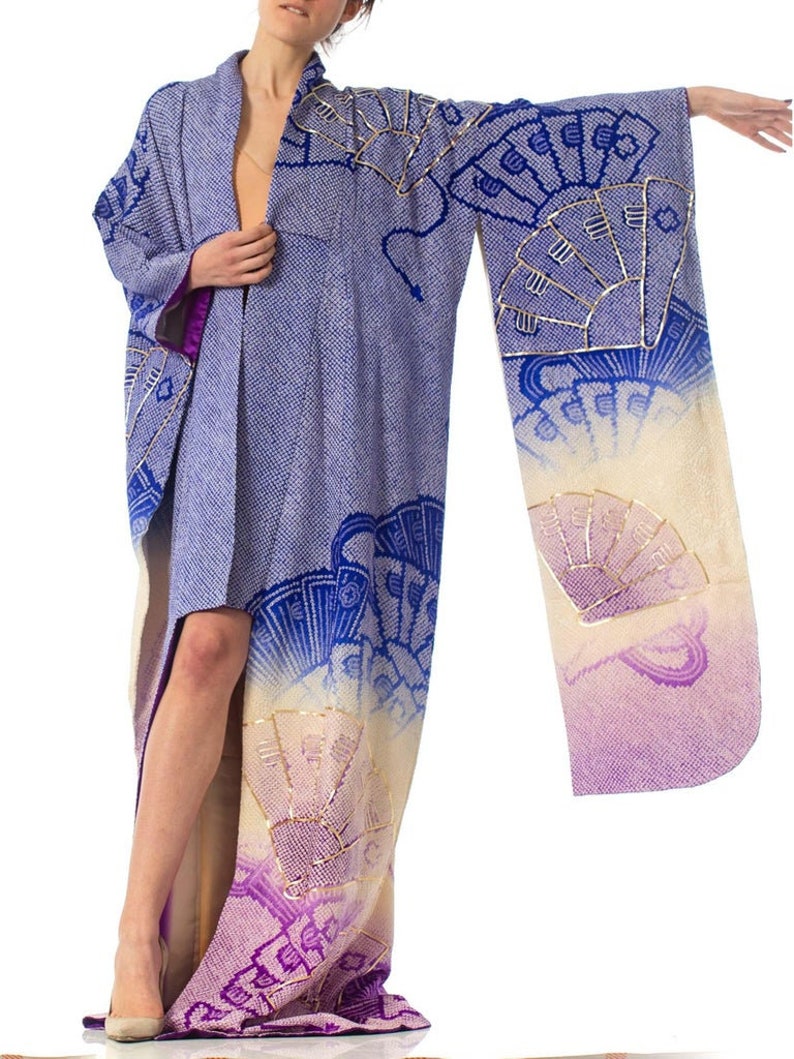 1970'S Japanese Shibori Hand Dyed Ombre Blue To Purple Silk Gold Embroidered Kimono image 5