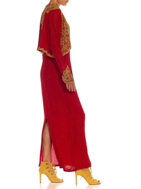 1980S Red & Gold Silk Fully Beaded Halter Gown Bo… - image 2