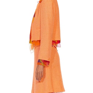 2000S Chanel Orange Boucle Floral Silk Chiffon 3-Piece Skirt Suit image 3