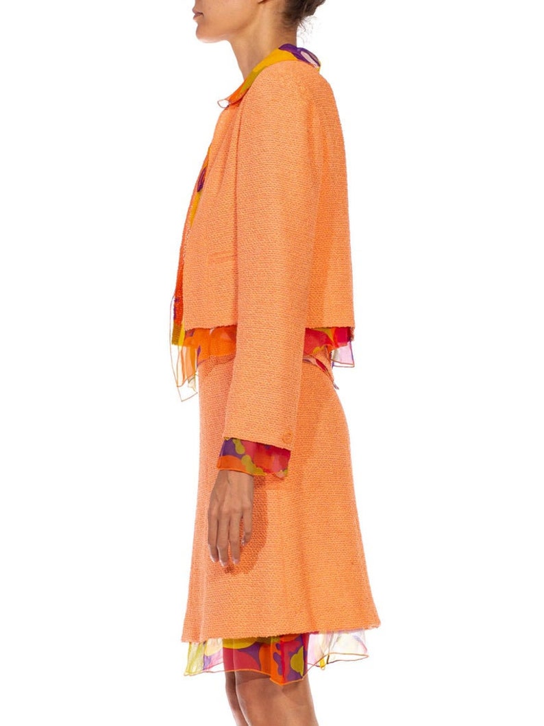 2000S Chanel Orange Boucle Floral Silk Chiffon 3-Piece Skirt Suit image 3