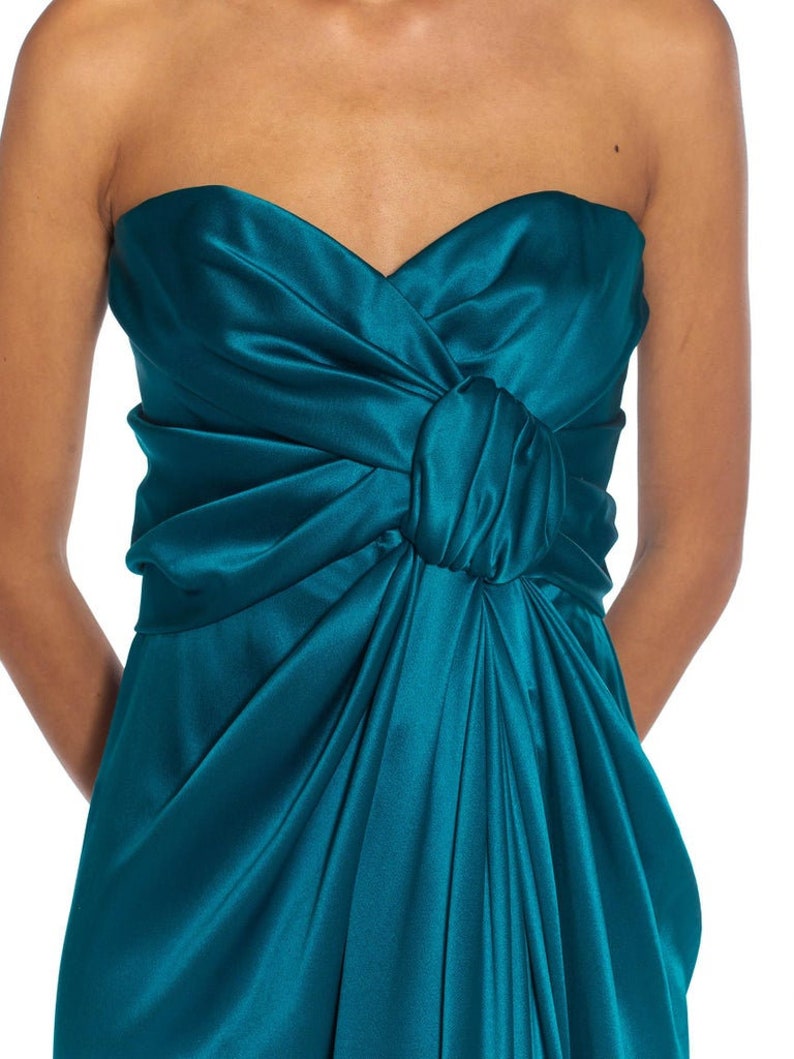 1980S Yves Saint Laurent Teal Haute Couture Silk Satin Draped Strpless Gown image 10