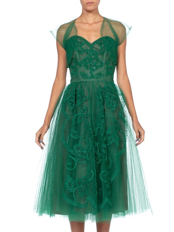 1950S Strapless Green Sequined And Tulle Gown Dres