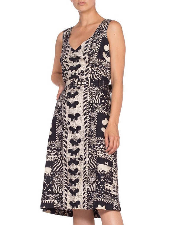 1960'S Black & White Cotton Scandinavian Print Dress - Gem