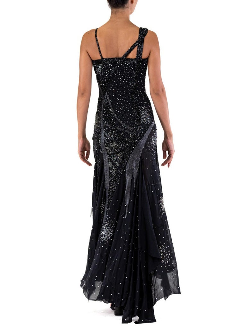 2000S Atelier Versace Gianni Black Silk Chiffon Haute Couture Crystal Beaded Gown Embellished With Metal Mesh image 7