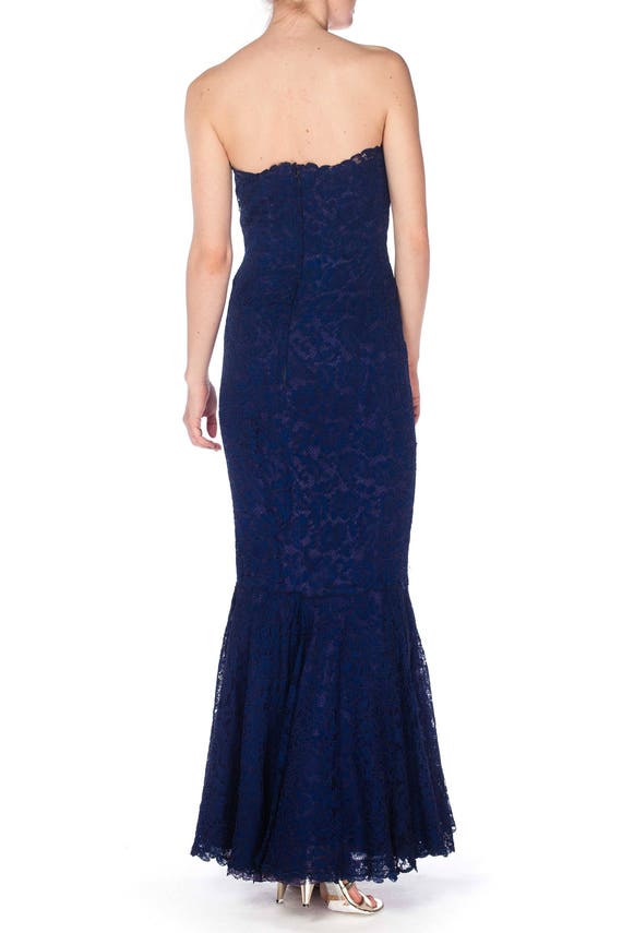 1950S Navy Blue Silk & Lace Strapless Gown With T… - image 4