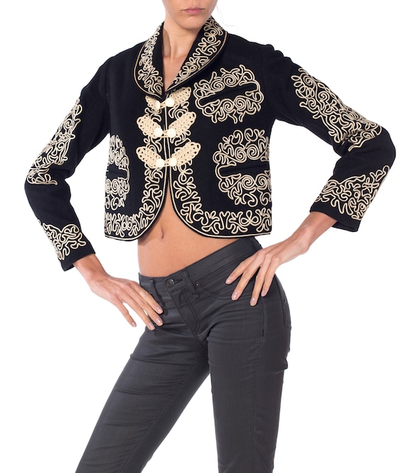1940S Black Wool Mexican Cropped Bolero Jacket Wit