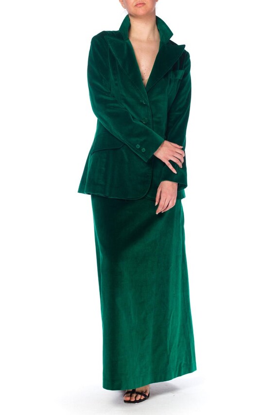 1970S Green Cotton Velvet Maxi Skirt Suit XL - image 5