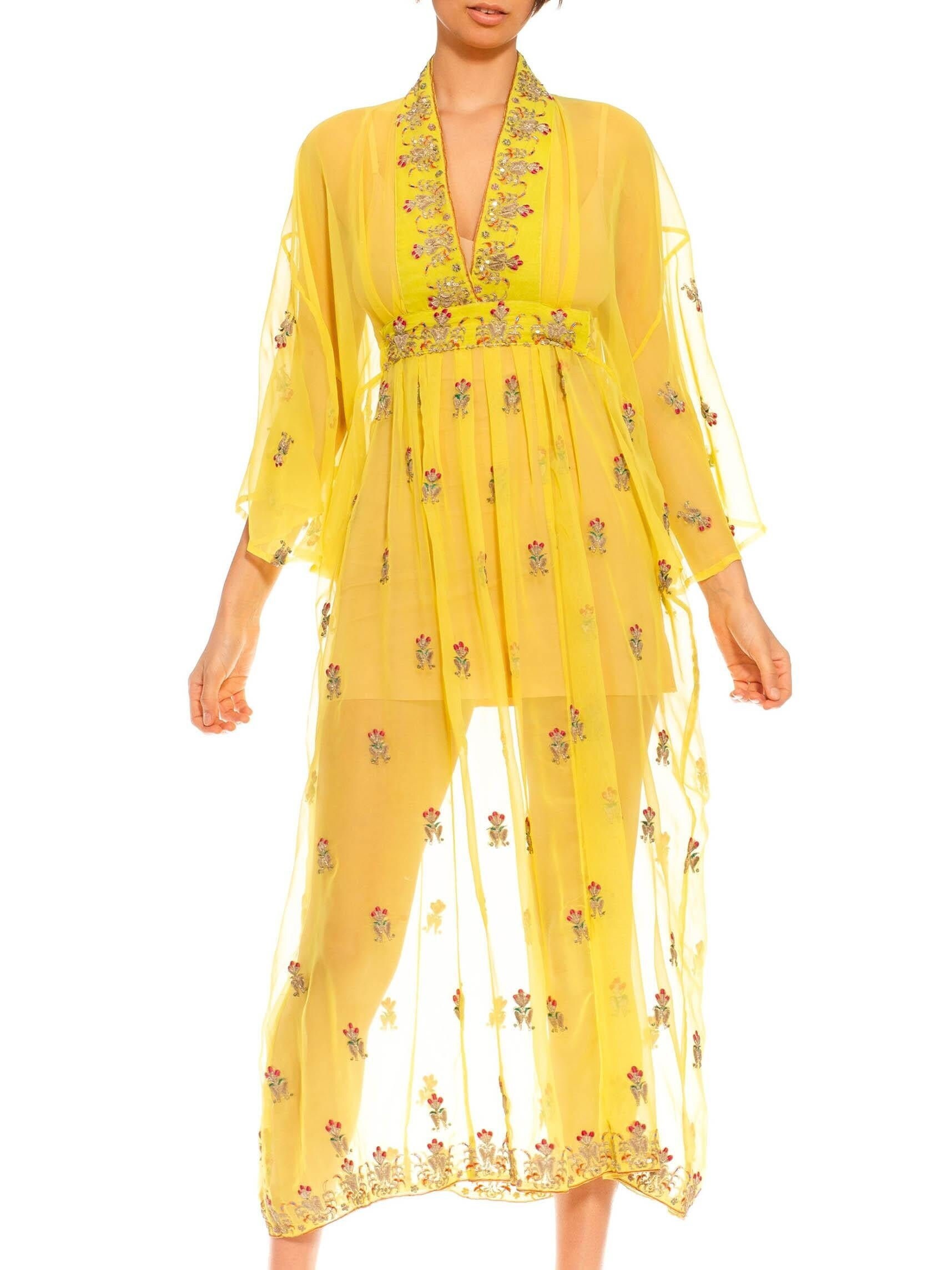 Morphew Collection Yellows Gold Embroidered Silk Kaftan Made From Vintage Saris