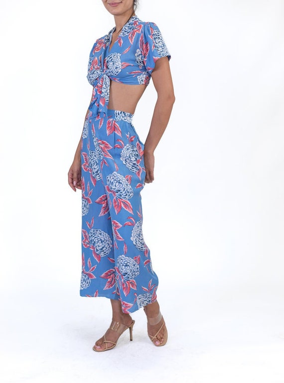 1940S Blue  Pink Cold Rayon Floral Crop Top Pants… - image 6
