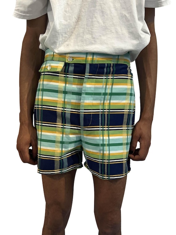 1970S Lime Green Navy Cotton Blend Plaid Short Shorts Built in