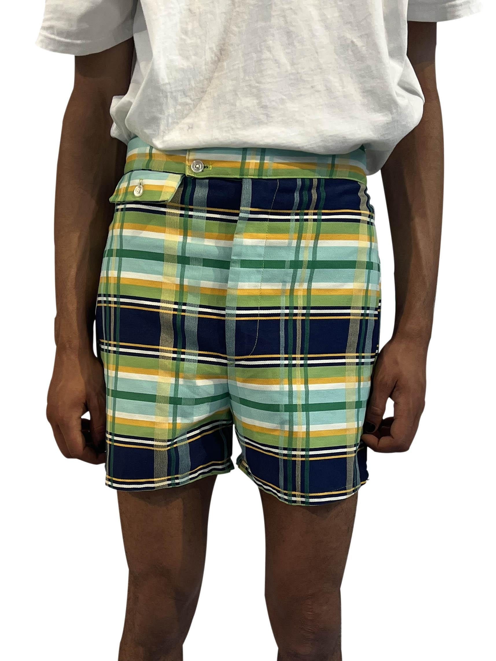 1970S Lime Green and Navy Cotton Blend Plaid Short Shorts Built In Underwear  For Sale at 1stDibs