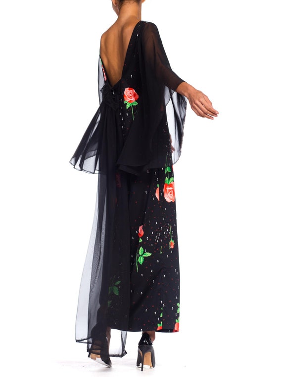 1970S Black Polyester Jersey Rose Print Maxi Dres… - image 5